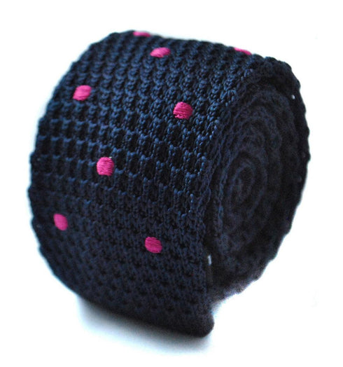 navy blue skinny knitted tie with bright pink polka dots